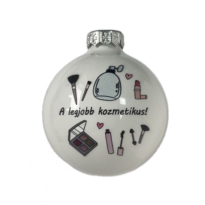 Fehér üveg karácsonyfadísz, A legjobb kozmetikus, 8 cm
