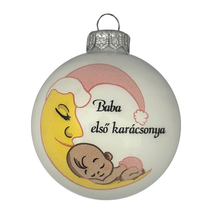 Fehér üveg karácsonyfadísz, Baba első karácsonya holdas, kislánynak, 8 cm