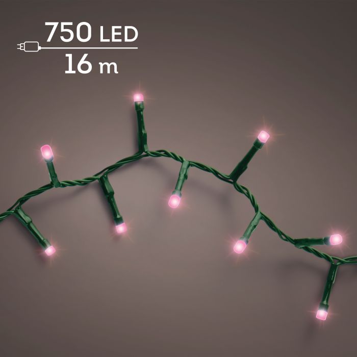Lumineo LED kompakt fényfüzér, rózsaszín fénnyel, 750 LED, 16 m, zöld kábellel