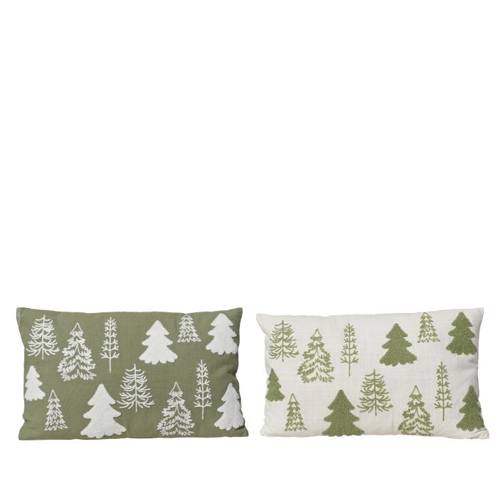 Zöld-fehér pamut-poliészter díszpárna fenyőmintával, hossz: 50 cm; szélesség: 30 cm; magasság: 8 cm, több változatban