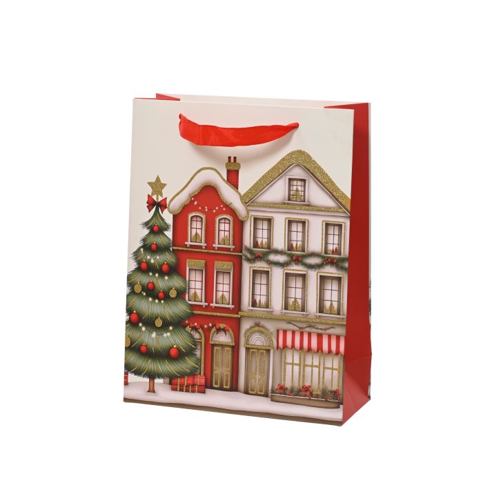 Fehér-piros házikómintás papír ajándéktáska, hossz: 42 cm; szélesség: 16 cm; magasság: 48 cm