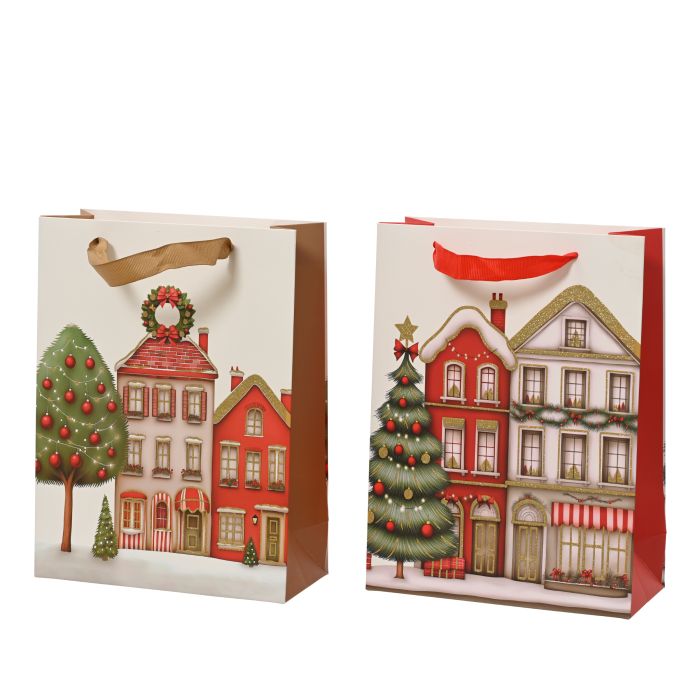 Csillogó házikómintás papír ajándéktáska, hossz: 26 cm; szélesség: 10 cm; magasság: 32 cm, több változatban