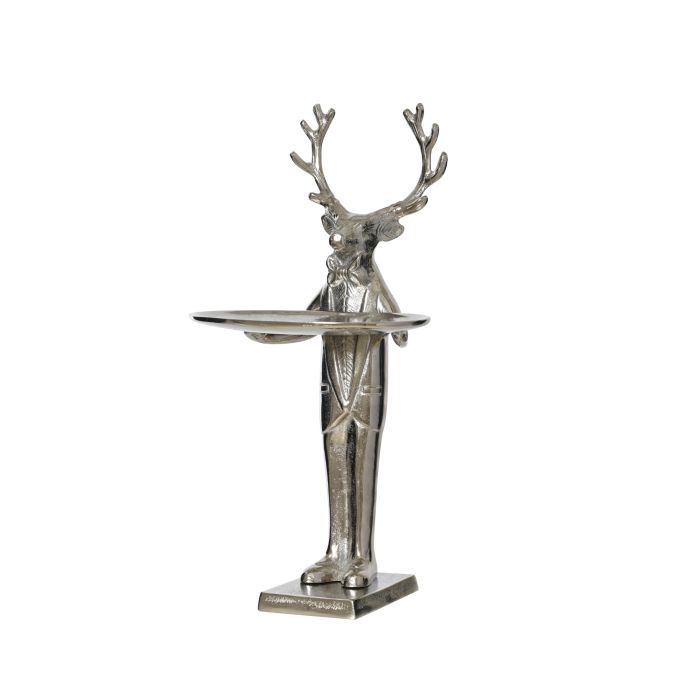 Ezüst alumínium szarvasos dekorációs tál, hossz: 21 cm; szélesség: 26 cm; magasság: 51 cm
