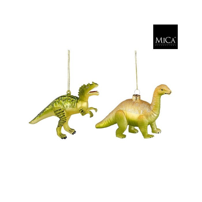 Dinoszaurusz alakú üveg karácsonyfadísz sárga-zöld színben