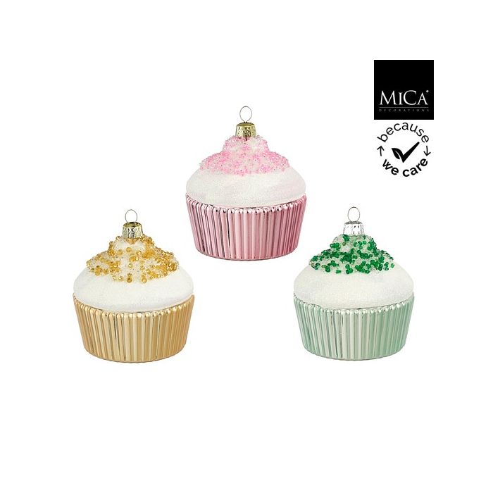 Muffin alakú karácsonyfadísz pezsgő-zöld-rózsaszín színben