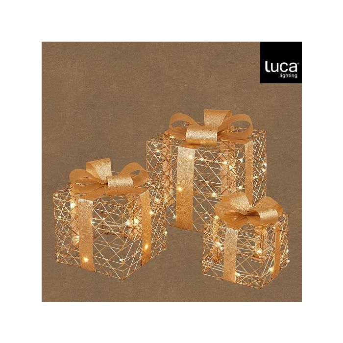 Pezsgőszínű LED-es ajándékdobozszett, 3 darab, 65 LED, hossz: 25; szélesség: 25; magasság: 29 cm