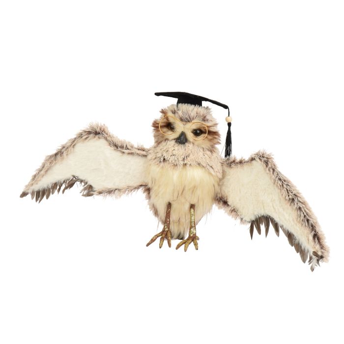 Szürke repülő bagolyfigura szemüveggel és kalappal, hossz: 12 cm; szélesség: 28 cm; magasság: 19 cm