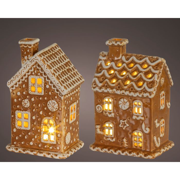 Mézeskalácsszínű kerámiaház micro LED-del, hossz: 10 cm; szélesség: 7,5 cm; magasság: 15 cm, több változatban