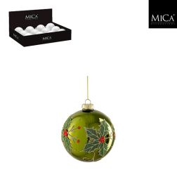Karácsonyi mintás üveg karácsonyfadísz zöld színben, 10 cm
