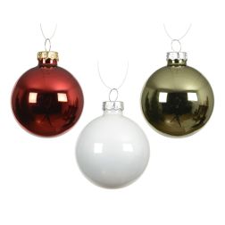Üveg gömbdísz arany-fehér-piros színekben 16 darab, 8 cm