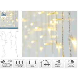 Meleg fehér fényű LED jégcsapfény, 360 LED, 8 állítható funkcióval, időzítővel, átlátszó vezetékkel, IP44 adapterrel, 1200×52 cm