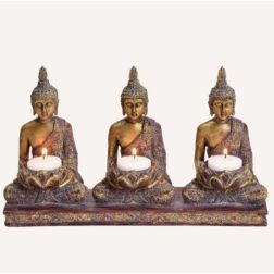 Buddha szobrok teamécses tartóval arany színben, 29x17x8 cm