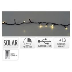 Napelemes meleg fehér LED fényfüzér, 480 LED, távirányítóval és USB-töltéssel, 13 funkcióval és időzítővel