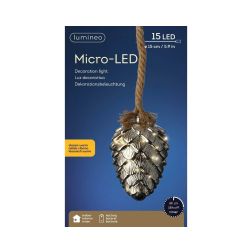 Fenyőtoboz micro-led dekorvilágítás meleg fehér fénnyel, 15 égővel, elemes