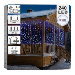 Hideg fehér fényű LED fényfüggöny, 240 LED, 12 funkciós vezérlővel, átlátszó vezetékkel, IP44 adapterrel, 225×150 cm