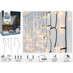 Meleg fehér fényű LED jégcsapfény, 180 LED, 8 állítható funkcióval, időzítővel, zöld vezetékkel, IP44 adapterrel, 600×52 cm