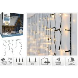 Meleg fehér fényű LED jégcsapfény, 360 LED, 8 állítható funkcióval, időzítővel, zöld vezetékkel, IP44 adapterrel, 1200×52 cm