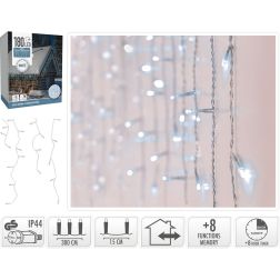 Hideg fehér fényű LED jégcsapfény, 180 LED, 8 állítható funkcióval, időzítővel, átlátszó vezetékkel, IP44 adapterrel, 600×52 cm