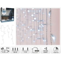 Hideg fehér fényű LED jégcsapfény, 360 LED, 8 állítható funkcióval, időzítővel, átlátszó vezetékkel, IP44 adapterrel, 1200×52 cm