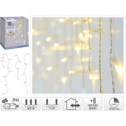 Meleg fehér fényű LED jégcsapfény, 180 LED, 8 állítható funkcióval, időzítővel, átlátszó vezetékkel, IP44 adapterrel, 600×52 cm