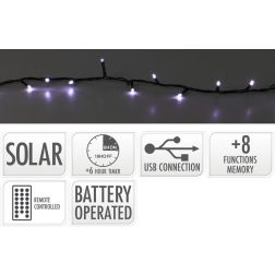 Napelemes fehér LED fényfüzér, 560 LED, távirányítóval és USB-töltéssel, 13 funkcióval és időzítővel