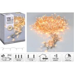 Meleg fehér fényű LED fényfüzér, 120 LED, 8 állítható funkcióval, időzítővel, átlátszó vezetékkel, IP44 adapterrel