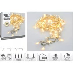Meleg fehér fényű LED fényfüzér, 240 LED, 8 állítható funkcióval, időzítővel, átlátszó vezetékkel, IP44 adapterrel