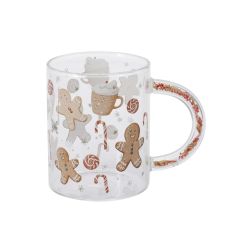 Mézeskalácsfigurás boroszilikát üvegbögre, 450 ml, 8 × 10 cm