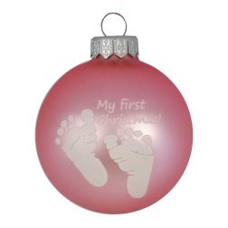 Rózsaszín üveg karácsonyfadísz, My first Christmas lábnyomos, kislánynak, 8 cm