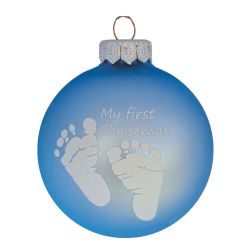 Kék üveg karácsonyfadísz, My first Christmas lábnyomos, kisfiúnak, 8 cm