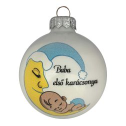 Fehér üveg karácsonyfadísz, Baba első karácsonya holdas, kisfiúnak, 8 cm