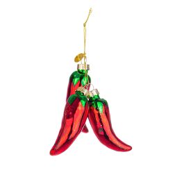 Chili piros-zöld paprika alakú üveg függődísz, 8,4 × 8,4 × 2,3 cm