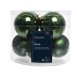 Üveg gömbdísz szett sötétzöld színben, 8 darab, 7 cm