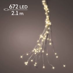 Lumineo F&uuml;ggőleges mikro LED f&eacute;nyf&uuml;z&eacute;r, melegfeh&eacute;r f&eacute;nnyel, 672 LED, 2,1 m, ez&uuml;st k&aacute;bellel