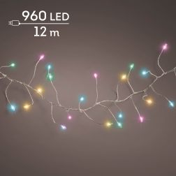 Lumineo Mikro LED kompakt f&eacute;nyf&uuml;z&eacute;r, pasztellsz&iacute;nű f&eacute;nnyel, 960 LED, 12 m, ez&uuml;st k&aacute;bellel