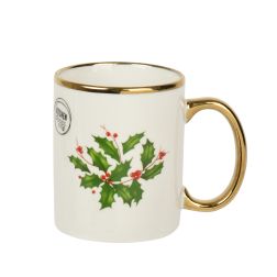 Zöld mintás porcelánbögre arany peremmel, Ø 8 cm; magasság: 9,9 cm
