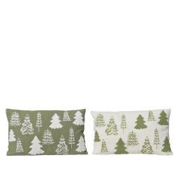 Zöld-fehér pamut-poliészter díszpárna fenyőmintával, hossz: 50 cm; szélesség: 30 cm; magasság: 8 cm, több változatban