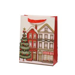 Fehér-piros házikómintás papír ajándéktáska, hossz: 42 cm; szélesség: 16 cm; magasság: 48 cm
