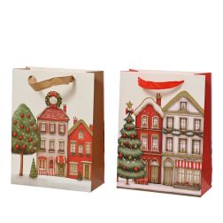 Csillogó házikómintás papír ajándéktáska, hossz: 18 cm; szélesség: 8 cm; magasság: 24 cm, több változatban