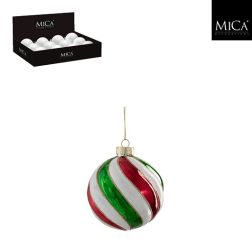 Üveg csíkos gömbdísz piros színben, 10 cm