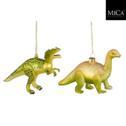 Dinoszaurusz alakú üveg karácsonyfadísz sárga-zöld színben, 16x5x9 cm, két változatban