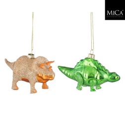 Dinoszaurusz alakú üveg karácsonyfadísz narancssárga-zöld színben, 14x4x7 cm, két változatban
