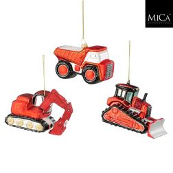 Munkagép alakú üveg karácsonyfadísz piros színben, 11x6x7 cm, több változatban