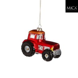 Traktor alakú üveg karácsonyfadísz piros színben, 9,5x5x7 cm