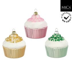 Muffin alakú karácsonyfadísz pezsgő-zöld-rózsaszín színben, 7x7 cm, több változatban