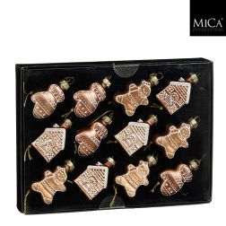 Mézeskalács házikó és kesztyű alakú üveg karácsonyfadísz zöld-barna színben, 12 darab, 22x16,5x3,5 cm, több változatban