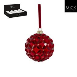 Üveg virágmintás gömbdísz piros színben, 8 cm