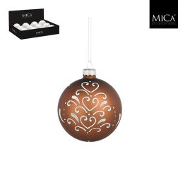 Üveg szívmintás gömbdísz barna színben, 8 cm