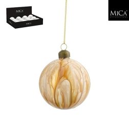 Üveg márványhatású gömbdísz krém színben, 8 cm