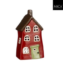 Piros házikó alakú mécsestartó, hossz: 8,5; szélesség: 6,5; magasság: 16 cm